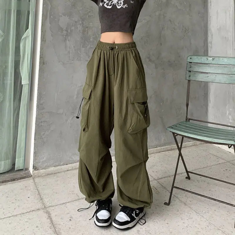 2025 New retro street hip-hop red work pants for women, loose high street design, sensual straight leg wide leg casual pants
