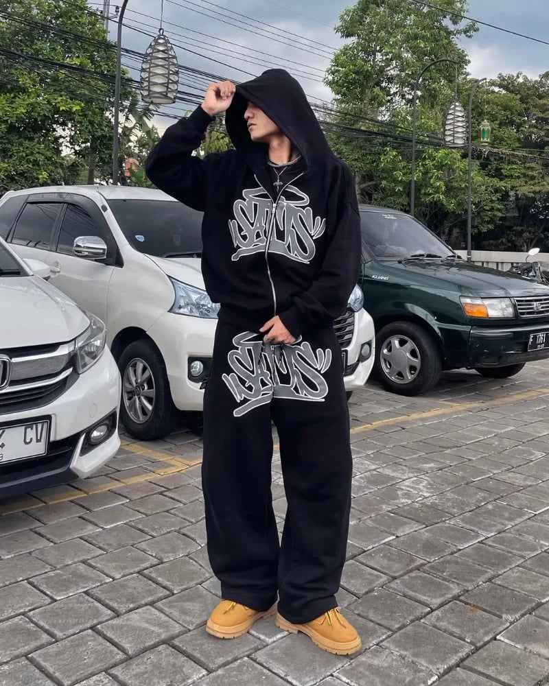 American street fashion fashion personality suit Y2K unisex retro zip hoodie street hip-hop print casual sportswear and trousers