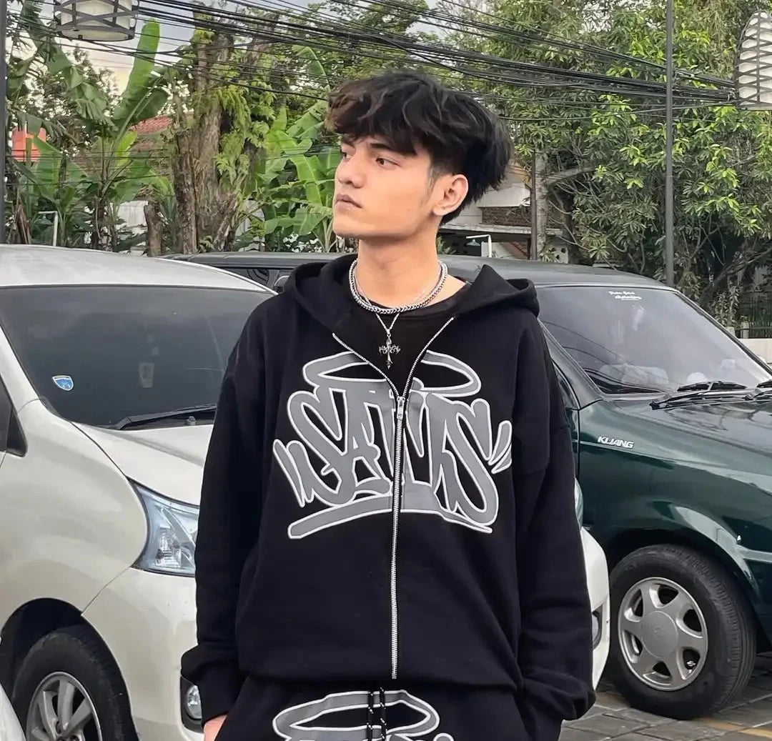 American street fashion fashion personality suit Y2K unisex retro zip hoodie street hip-hop print casual sportswear and trousers
