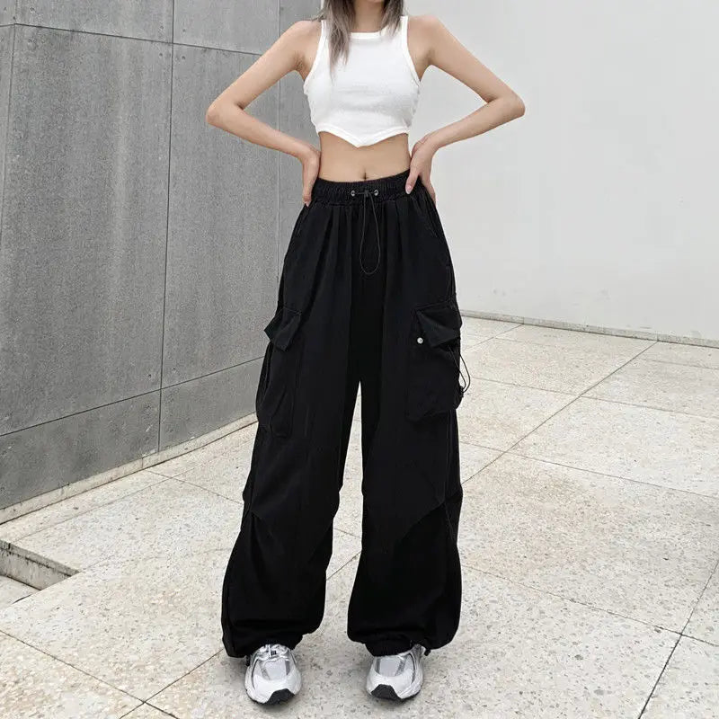 2025 New retro street hip-hop red work pants for women, loose high street design, sensual straight leg wide leg casual pants