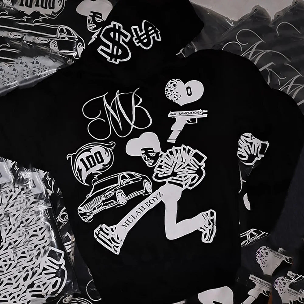 Streetwear Clothing Y2k Men Women New Sweatshirt Cartoon Pattern Printing Oversized Hoodie Harajuku Gothic Black Pullover Hoodie