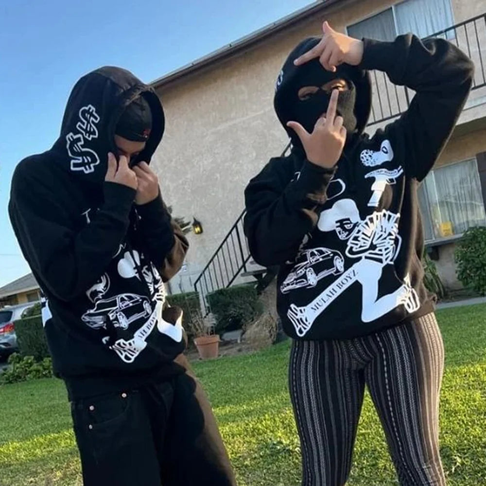 Streetwear Clothing Y2k Men Women New Sweatshirt Cartoon Pattern Printing Oversized Hoodie Harajuku Gothic Black Pullover Hoodie
