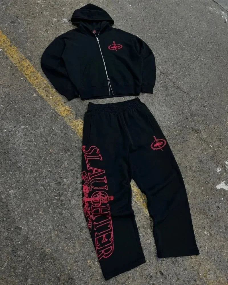 Y2K Trendy Sweatshirt Retro Streetwear Hip Hop Same Harajuku Zipper Hoodie Gothic Letter Printed Loose Sweatshirt Casual Pants