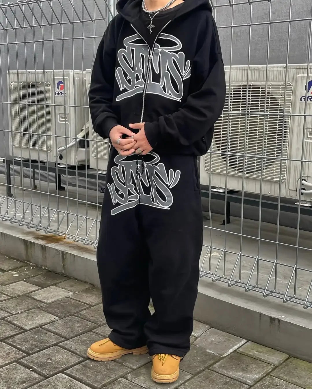 American street fashion fashion personality suit Y2K unisex retro zip hoodie street hip-hop print casual sportswear and trousers