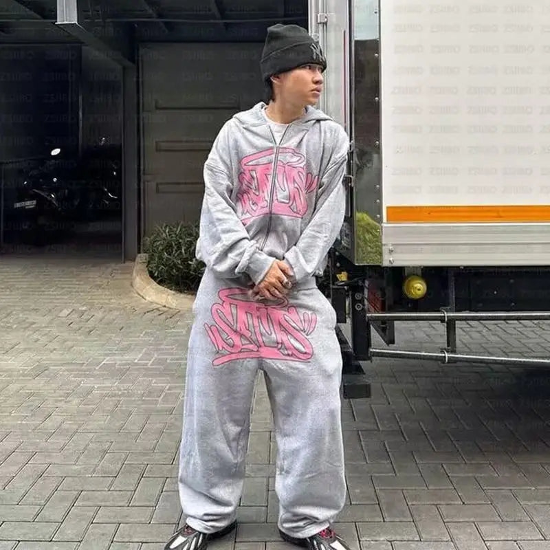 American street fashion fashion personality suit Y2K unisex retro zip hoodie street hip-hop print casual sportswear and trousers