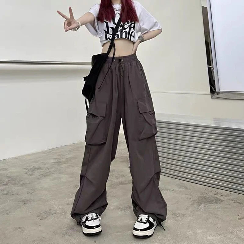 2025 New retro street hip-hop red work pants for women, loose high street design, sensual straight leg wide leg casual pants