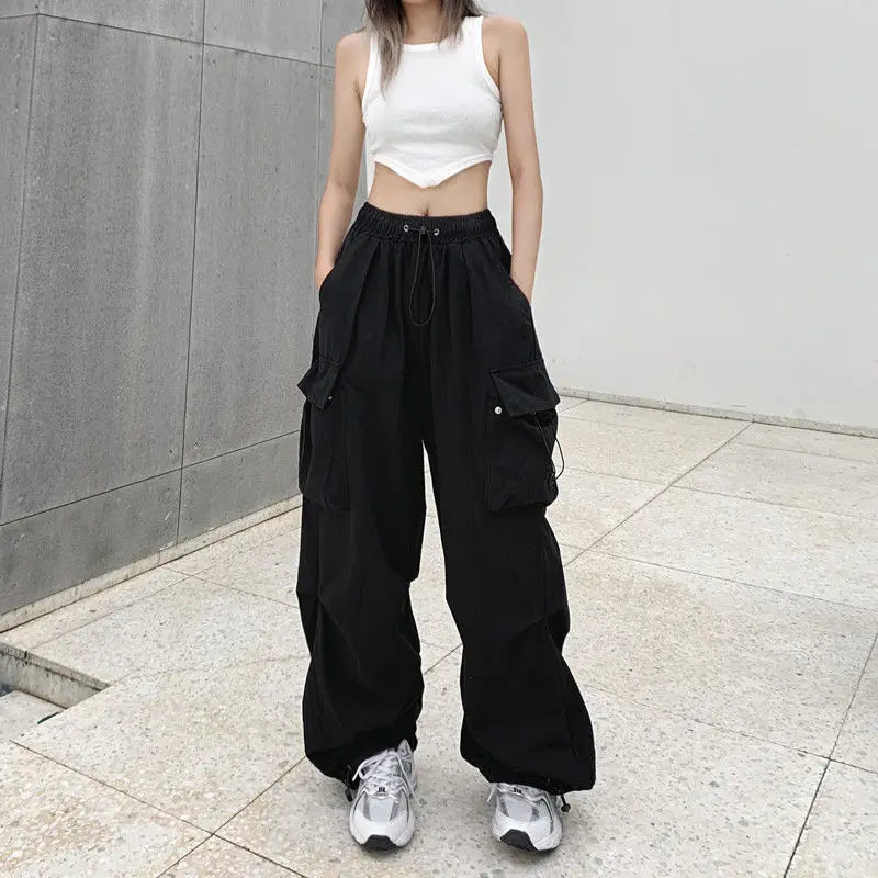 2025 New retro street hip-hop red work pants for women, loose high street design, sensual straight leg wide leg casual pants