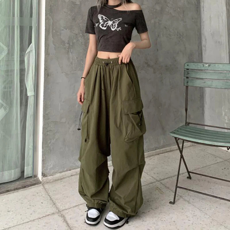 2025 New retro street hip-hop red work pants for women, loose high street design, sensual straight leg wide leg casual pants
