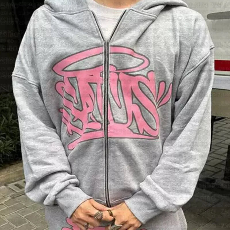 American street fashion fashion personality suit Y2K unisex retro zip hoodie street hip-hop print casual sportswear and trousers