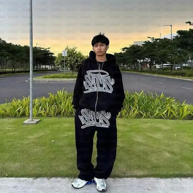 American street fashion fashion personality suit Y2K unisex retro zip hoodie street hip-hop print casual sportswear and trousers