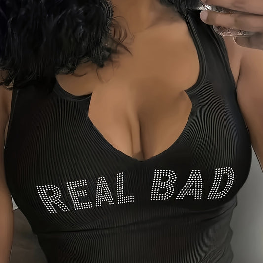 Ladies' Fashionable Rhinestone Letter Decoration Sexy Top Basic Versatile Vest
