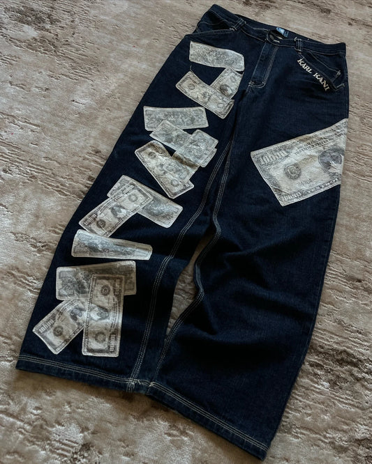 Harajuku Money Print Streetwear Jeans High Waist Wide Trouser Black Pants Streetwear Men Hip Hop Women Embroider Y2k Baggy Jeans