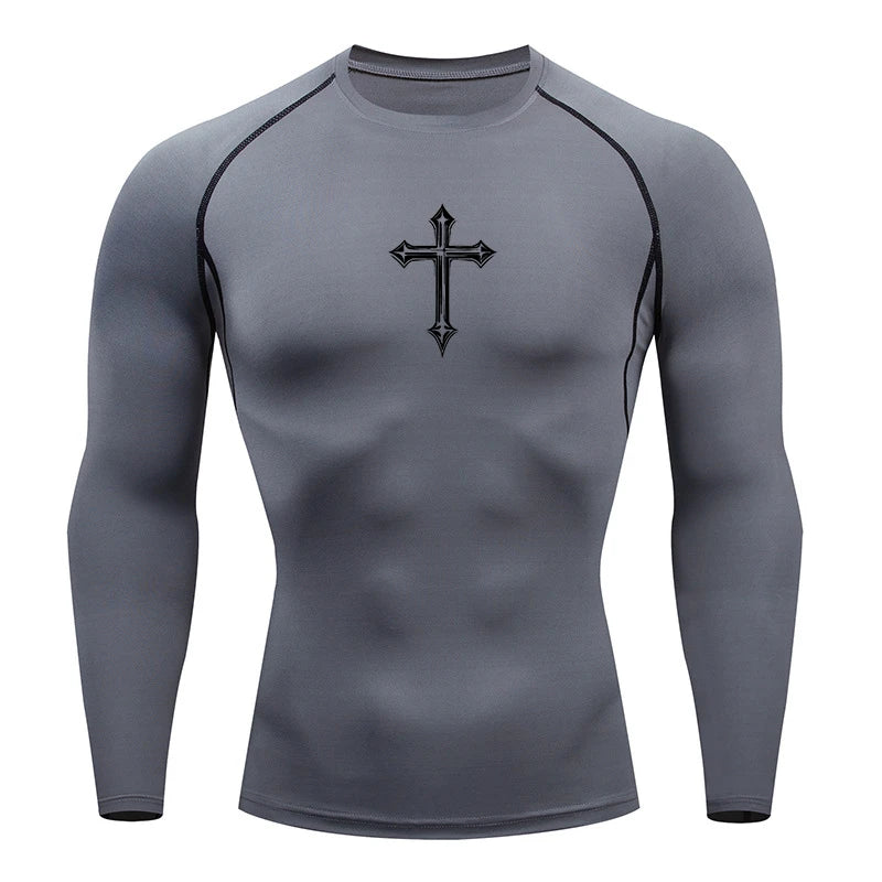 Cross Print Compression Shirt for Men Christian Athletic Tshirt Tees Tops Gym Workout Running Baselayers Undershirts Rash Guard