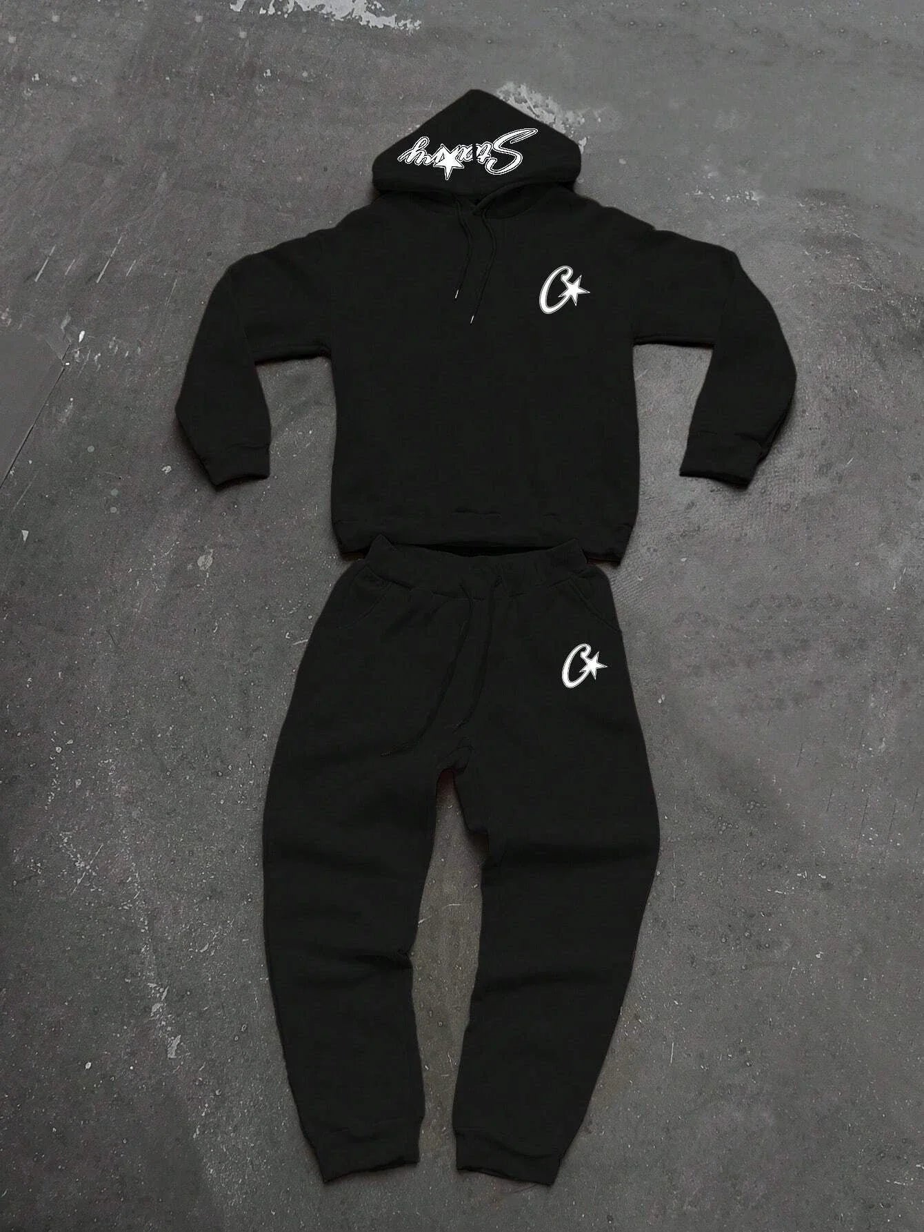 Two-piece black suit Y2K fashion pattern hoodie men clothing Harajuku Gothic women chic sports pants couple suit sportswear