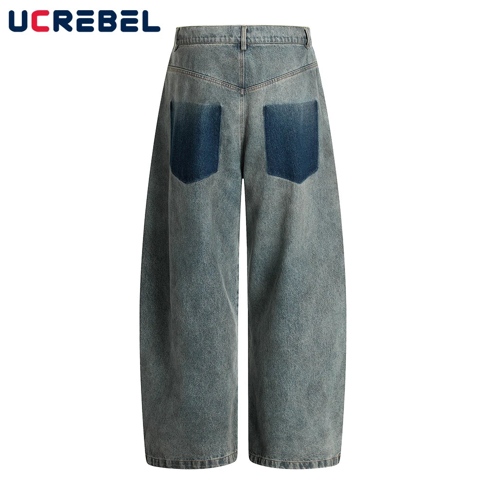 Ripped Jeans Mens With Rivets Pocket Retro High Street Washed Distressed Loose Wide leg Denim Pants Men