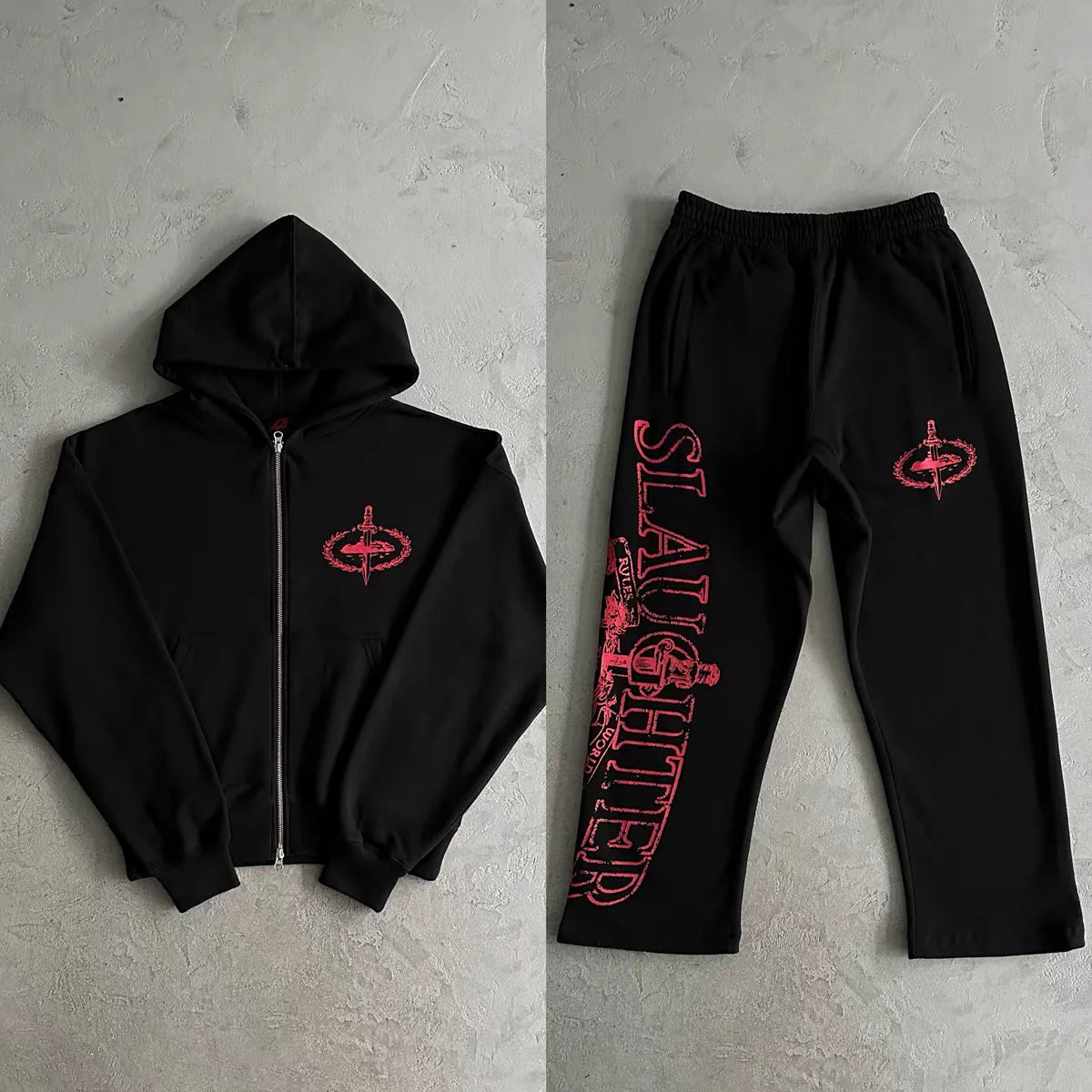 Y2K Trendy Sweatshirt Retro Streetwear Hip Hop Same Harajuku Zipper Hoodie Gothic Letter Printed Loose Sweatshirt Casual Pants