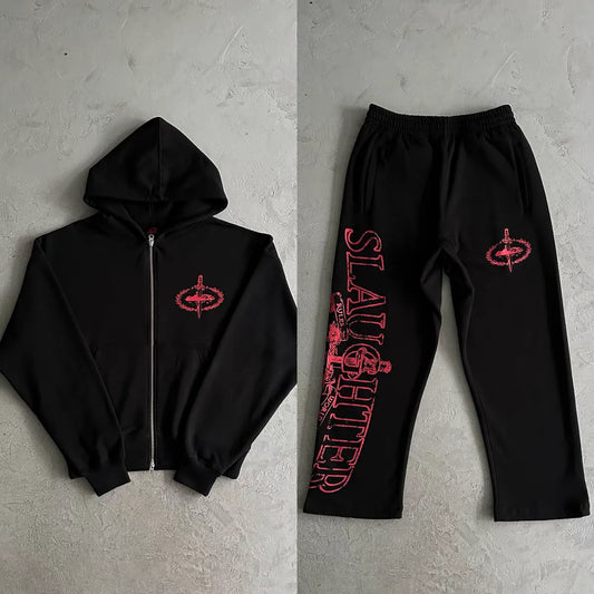 Y2K Trendy Sweatshirt Retro Streetwear Hip Hop Same Harajuku Zipper Hoodie Gothic Letter Printed Loose Sweatshirt Casual Pants
