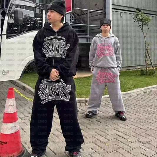 American street fashion fashion personality suit Y2K unisex retro zip hoodie street hip-hop print casual sportswear and trousers