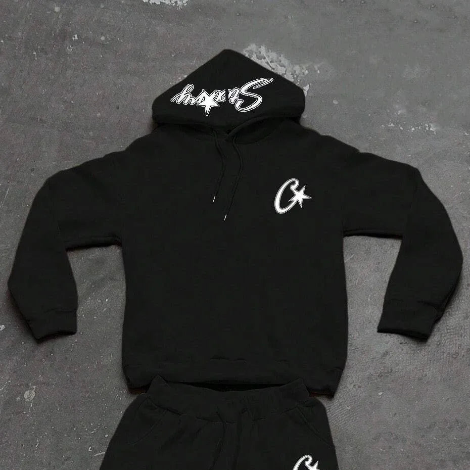 Two-piece black suit Y2K fashion pattern hoodie men clothing Harajuku Gothic women chic sports pants couple suit sportswear