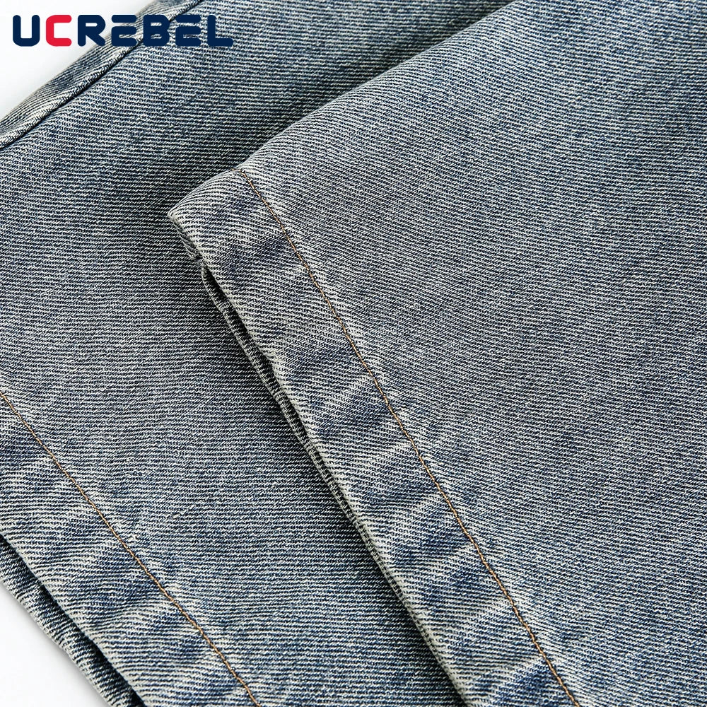 Ripped Jeans Mens With Rivets Pocket Retro High Street Washed Distressed Loose Wide leg Denim Pants Men