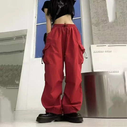 2025 New retro street hip-hop red work pants for women, loose high street design, sensual straight leg wide leg casual pants