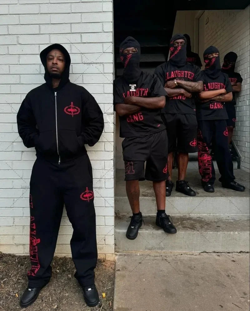 Y2K Trendy Sweatshirt Retro Streetwear Hip Hop Same Harajuku Zipper Hoodie Gothic Letter Printed Loose Sweatshirt Casual Pants